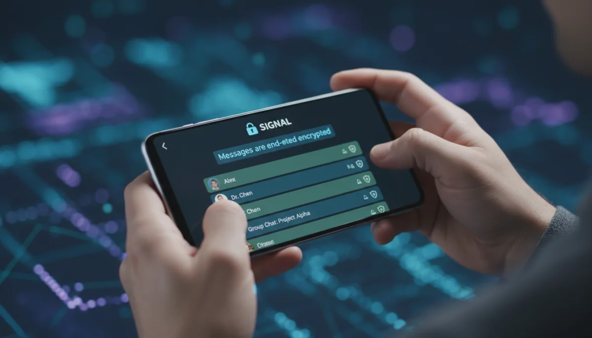 Person using a secure messaging app with end-to-end encryption