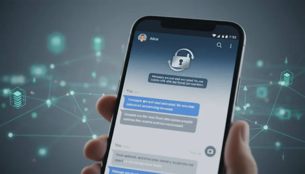 Smartphone screen showing a secure messaging app with encryption enabled