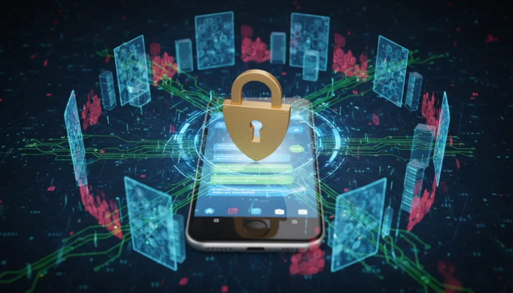 Secure messaging app interface with lock icon and encrypted data streams