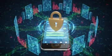 Secure messaging app interface with lock icon and encrypted data streams