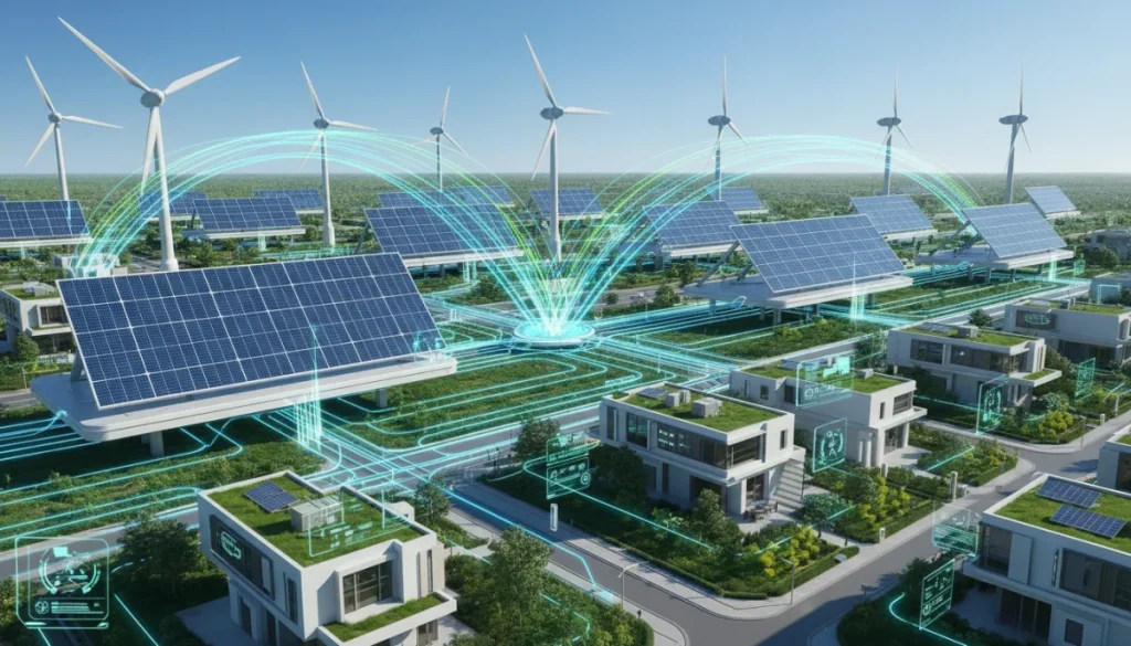Smart grid infrastructure with renewable energy sources connecting to homes