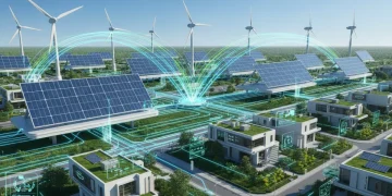 Smart grid infrastructure with renewable energy sources connecting to homes