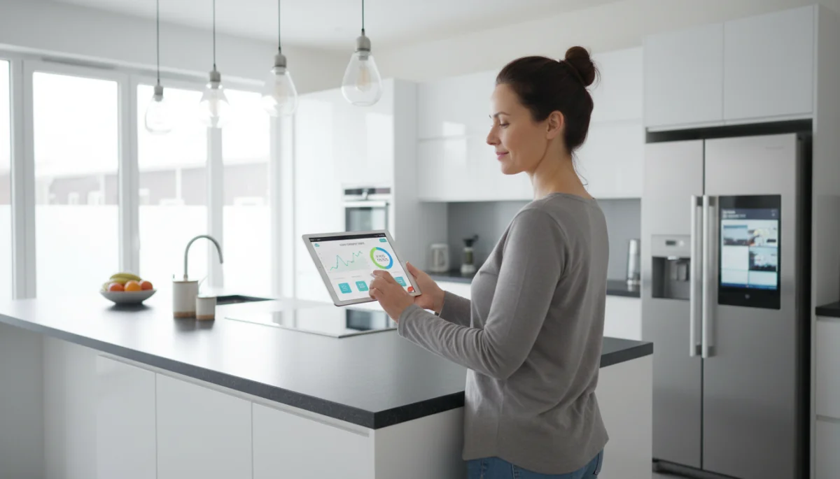 Homeowner using a smart energy management system on a tablet