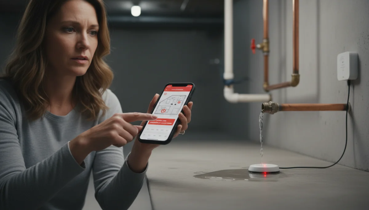 Homeowner monitoring smart leak detection app