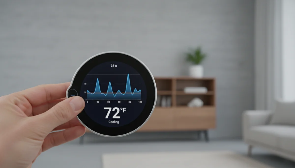 Smart thermostat displaying energy consumption data