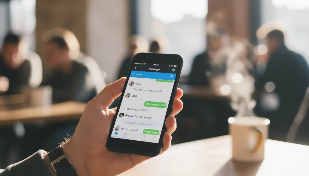 Person using a messaging app on a smartphone in a cafe