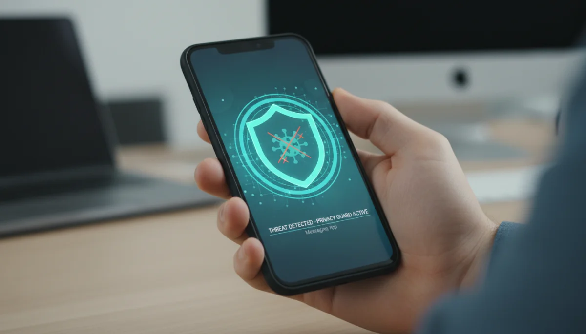 Smartphone with holographic shield, symbolizing active threat protection.