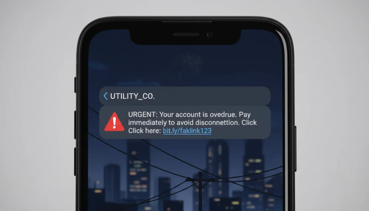 Smartphone showing suspicious utility company text message, SMS phishing.