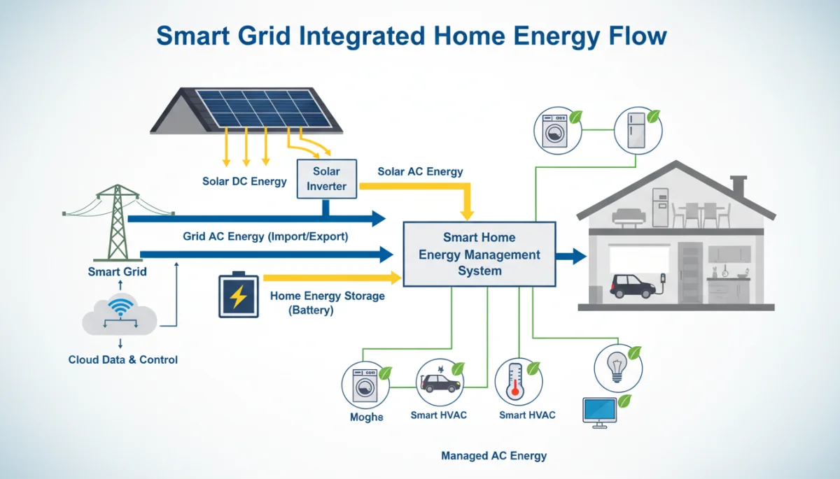 Diagram of solar energy powering home appliances