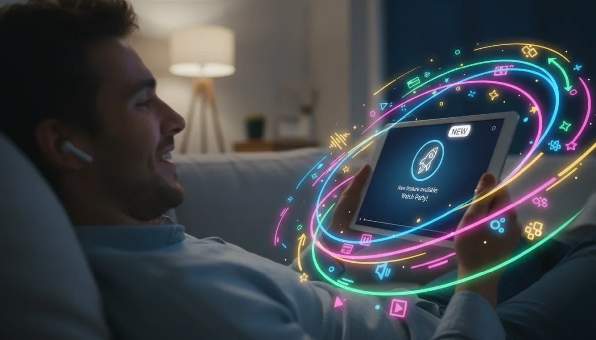 User enjoying streaming content on a tablet with a new feature notification, symbolizing enhanced entertainment experiences.