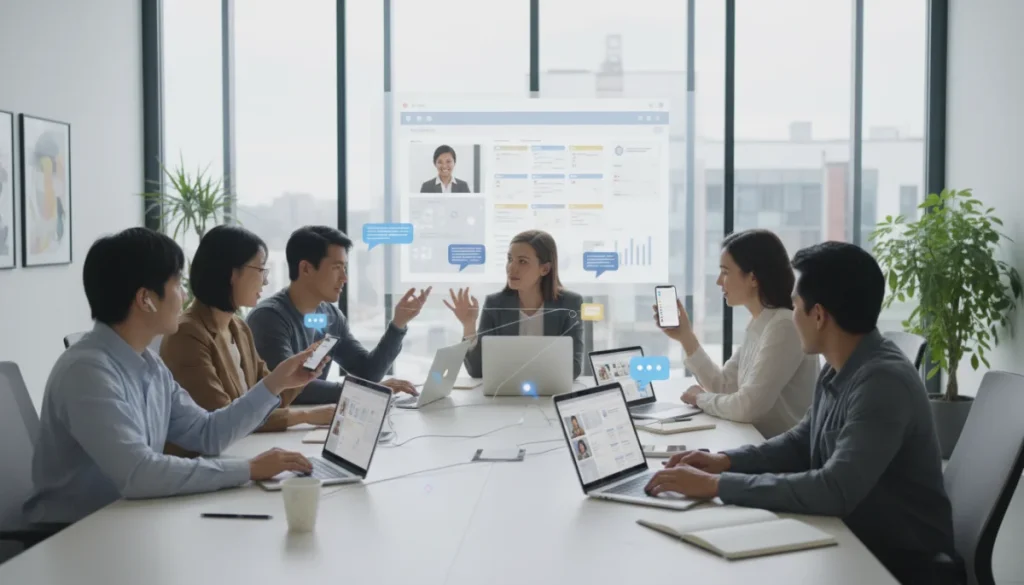 Team collaborating effectively with communication apps to avoid project delays
