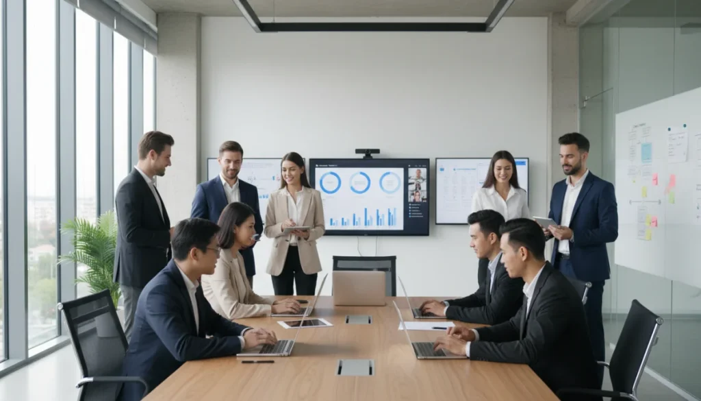 Diverse team collaborating efficiently in a modern office using digital tools