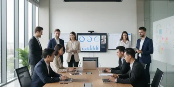 Diverse team collaborating efficiently in a modern office using digital tools