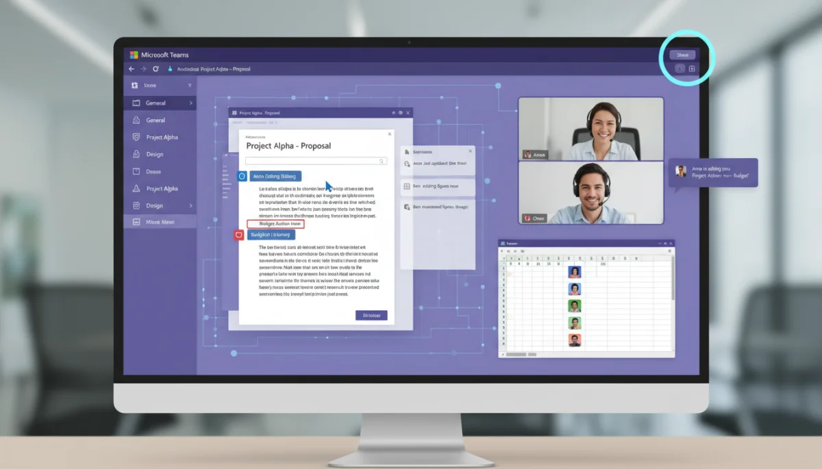 Real-time document co-editing and file sharing in Microsoft Teams.