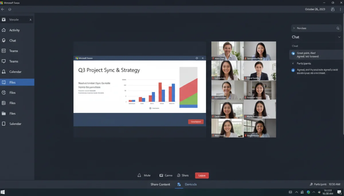 Microsoft Teams video conference interface with multiple participants and screen sharing.