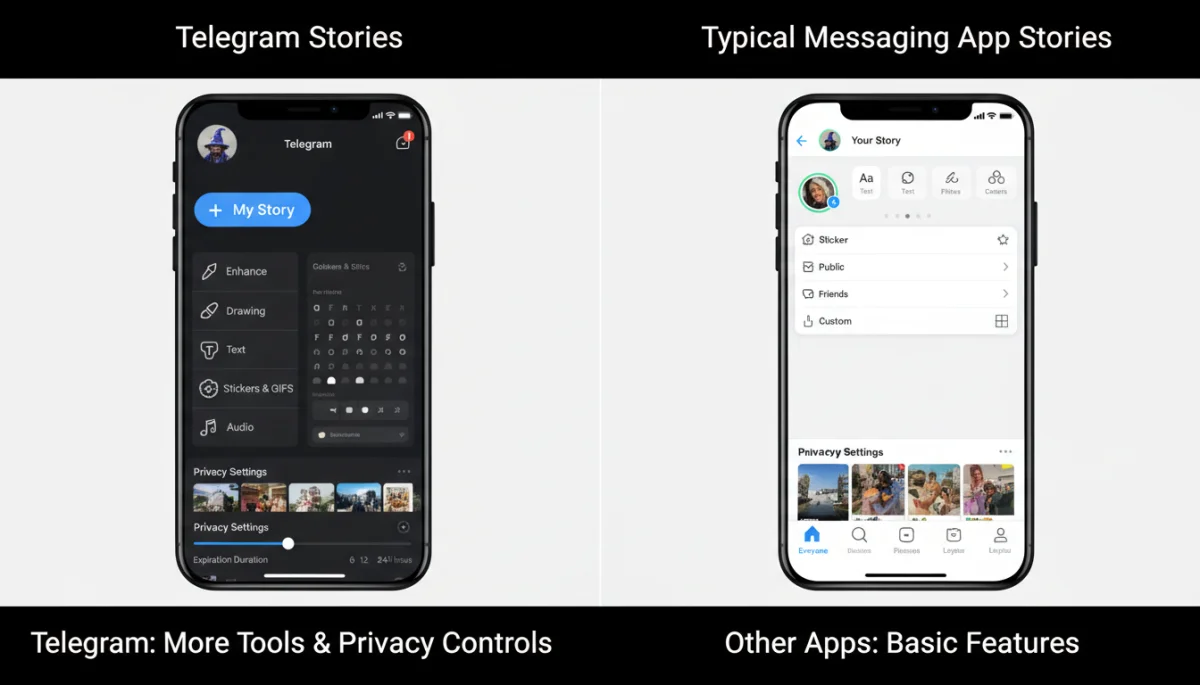 Comparison of story creation interfaces between Telegram and another messaging app.