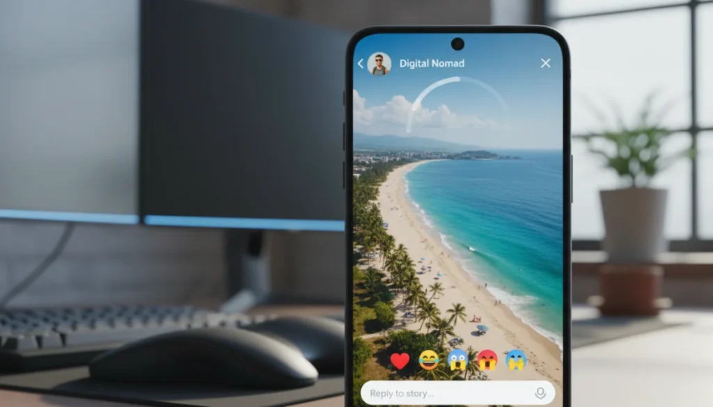 Telegram Stories feature interface on a smartphone, displaying an active story.