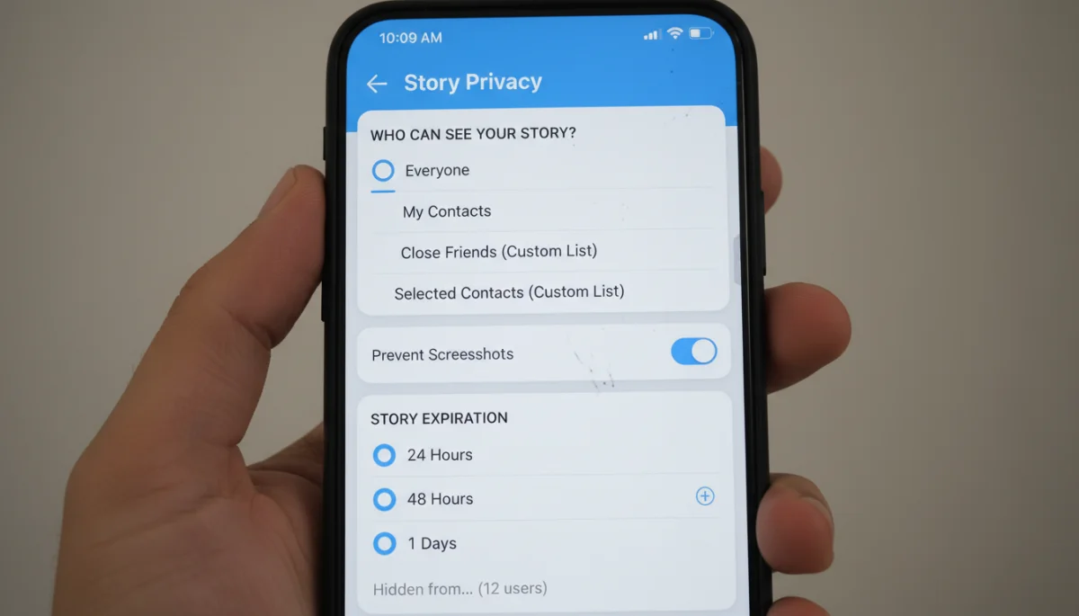 Telegram Stories privacy settings menu with audience and visibility options.