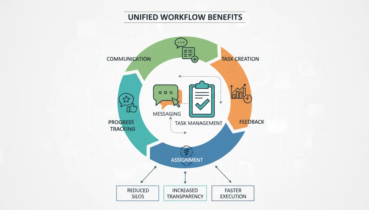 Workflow diagram illustrating benefits of unified task management and messaging