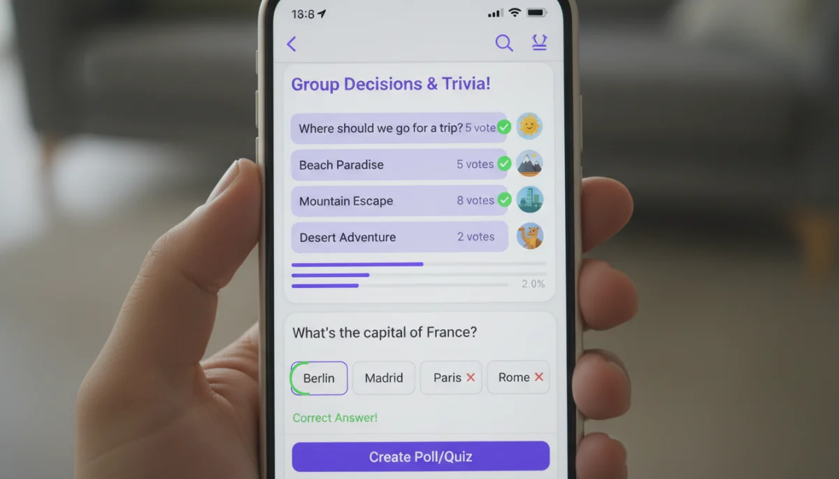 Viber group chat showing new interactive polls and quizzes feature.